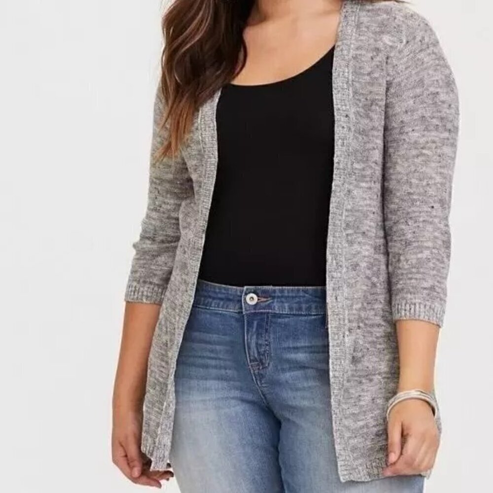 Torrid Pointelle Cardigan Size 3 3X Open Front 3/4 Sleeve Gray Cotton Linen